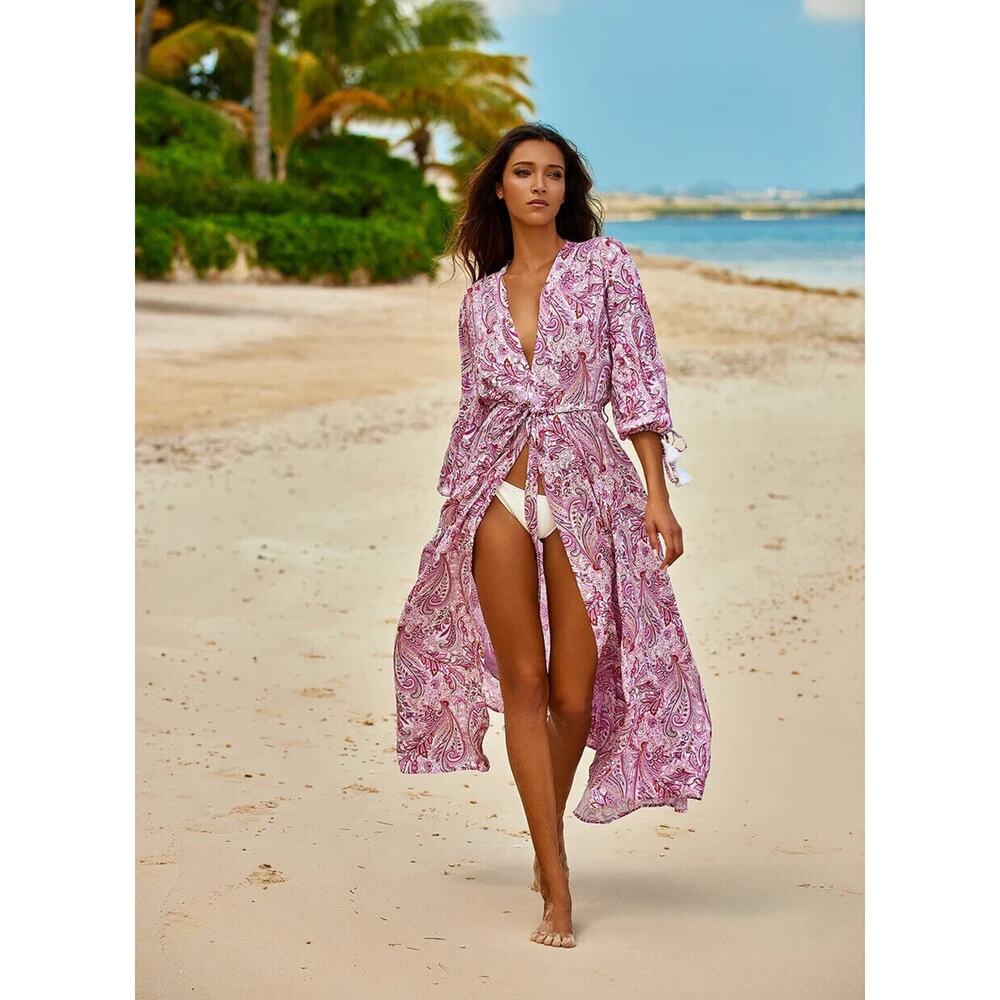 Melissa Odabash NWT Gabby Floral Tie Waist Kaftan Cover Up Pink Size XS - Picture 3 of 8